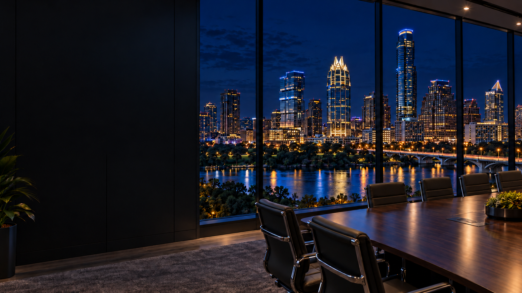 Dark executive boardroom overlooking Austin, Texas.