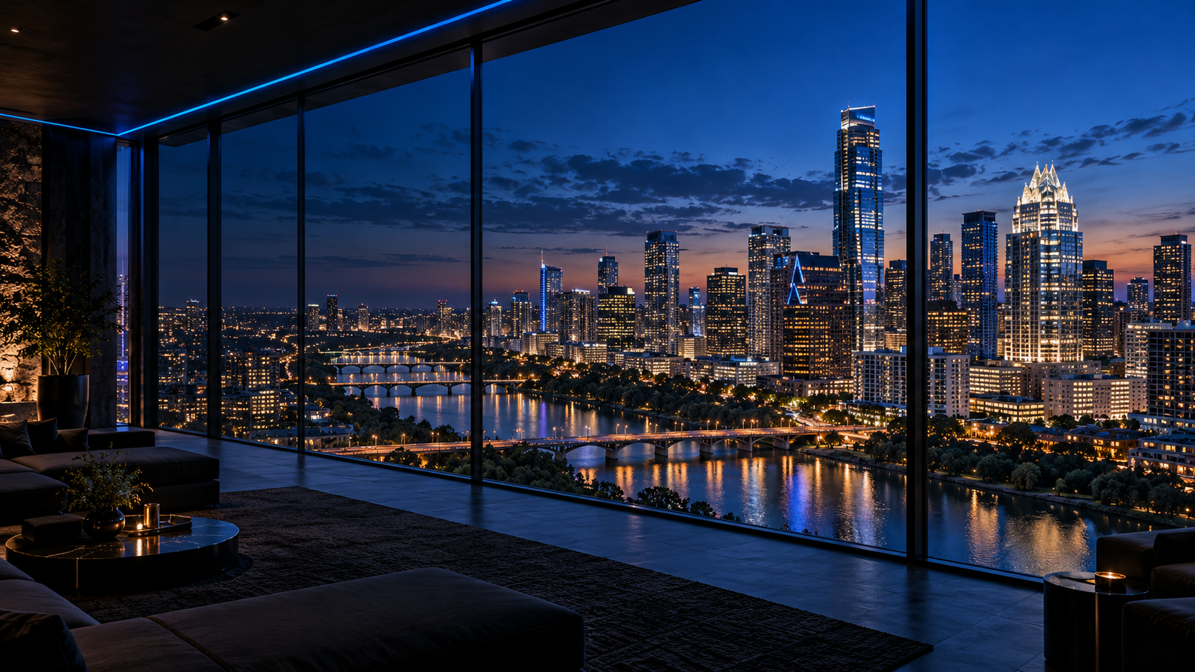 Executive penthouse overlooking the Austin skyline and Lady Bird Lake at dusk.
